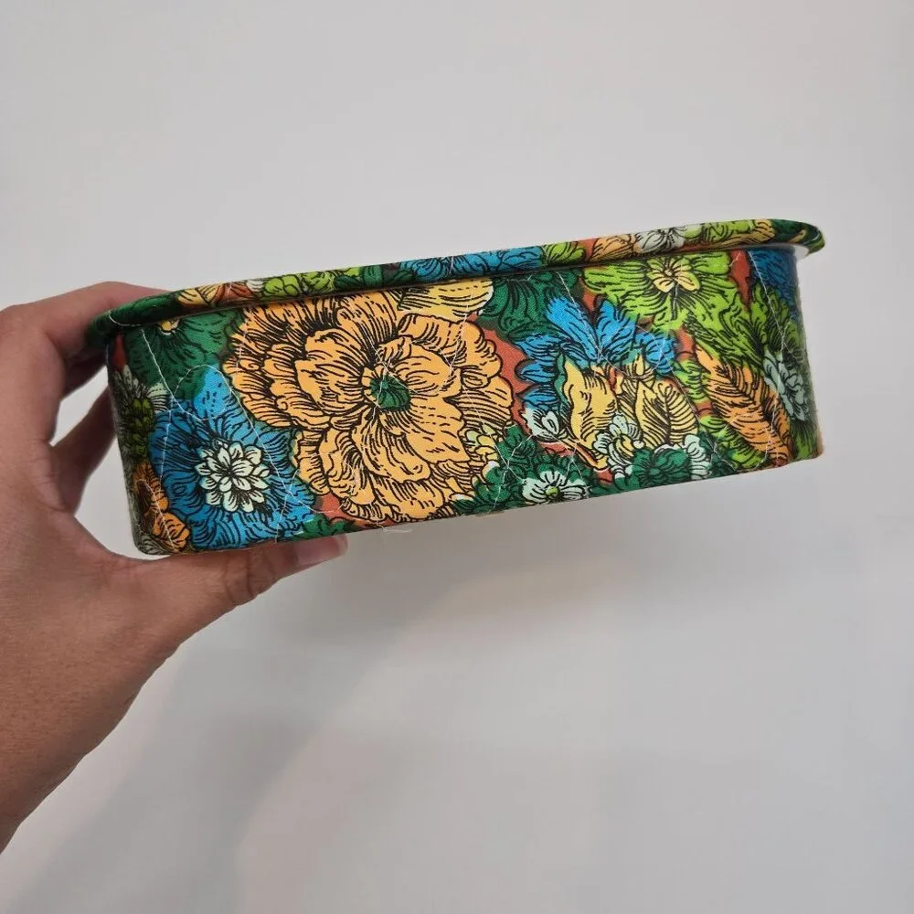 Vintage Quilted Floral Print Fabric Covered Box with Lid Square Rounded Corners